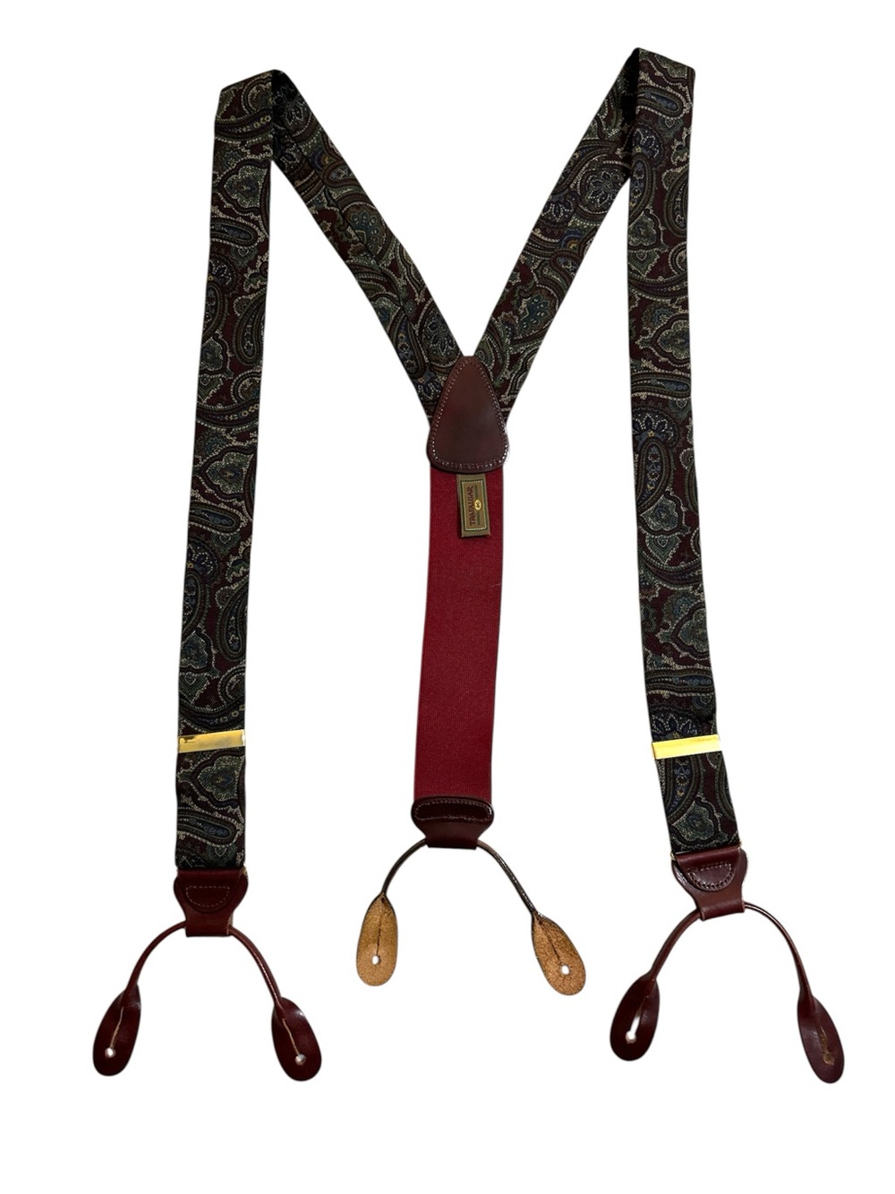 Trafalgar Silk Paisley Suspenders Braces Leather Button Ends USA Vintage